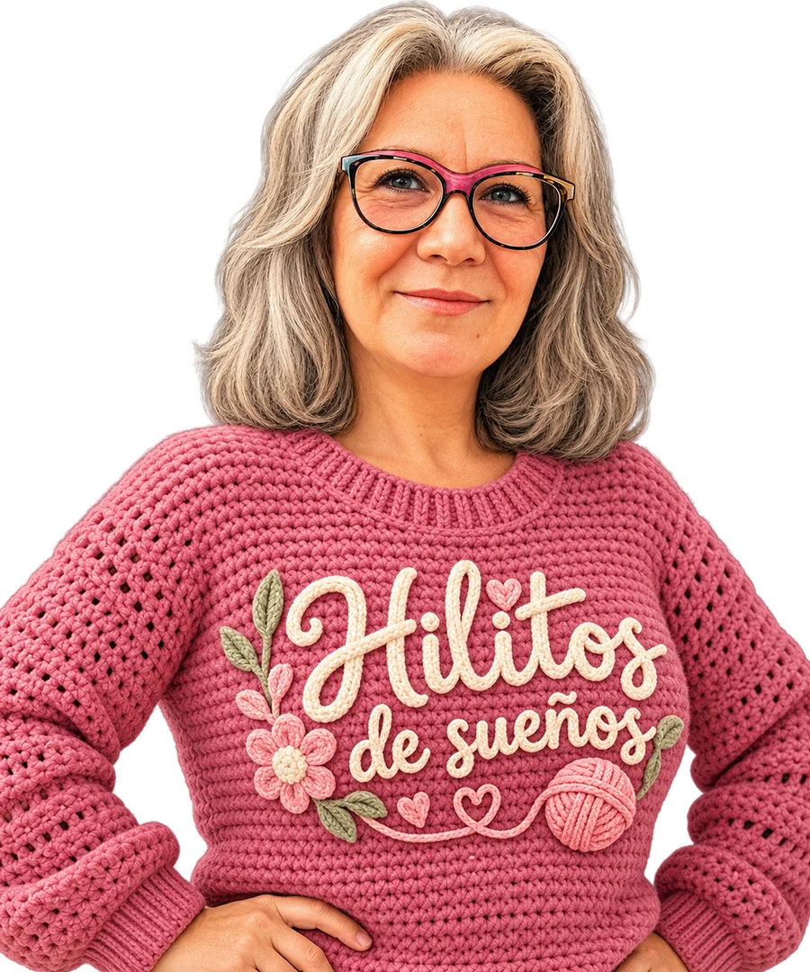 Ana Pozo, la autora de Hilitos de Sueños, con un jersey rosa de punto con el nombre de la marca bordado