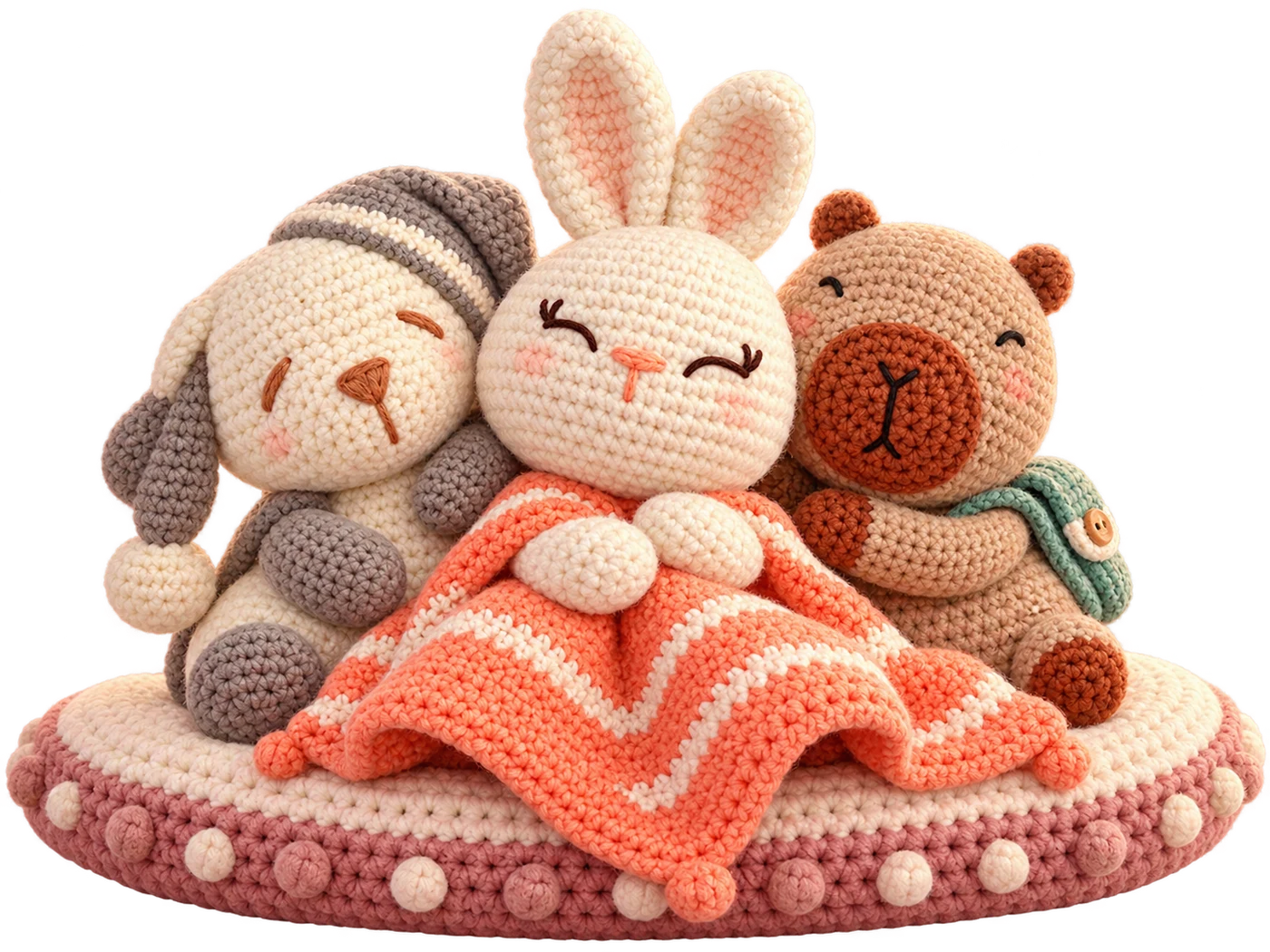 Ilustración de una conejita, un osito dormilón y un capibara de crochet abrazados sobre un cojín, inspirados en las creaciones de Ana